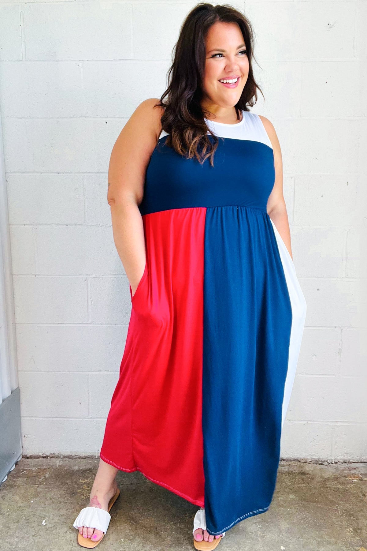 Patriotic Color Block Fit & Flare Maxi Dress