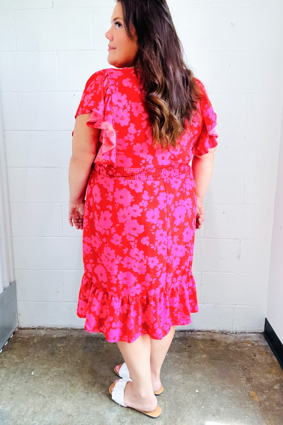 Remember Me Red & Pink Floral Print Smocked Waist Midi Dress