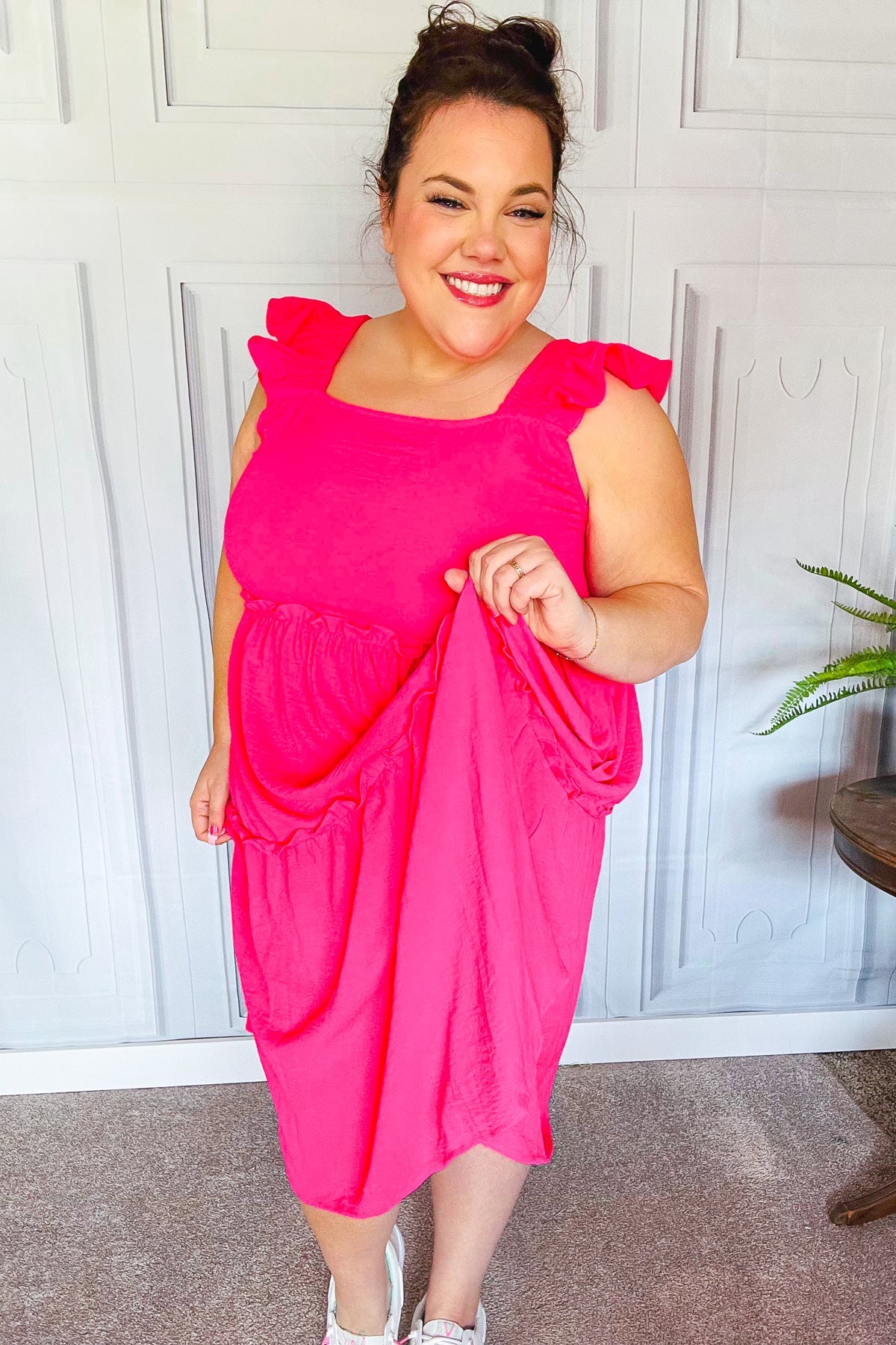 Lots To Love Fuchsia Smocked Flutter Sleeve Tiered Midi Dress