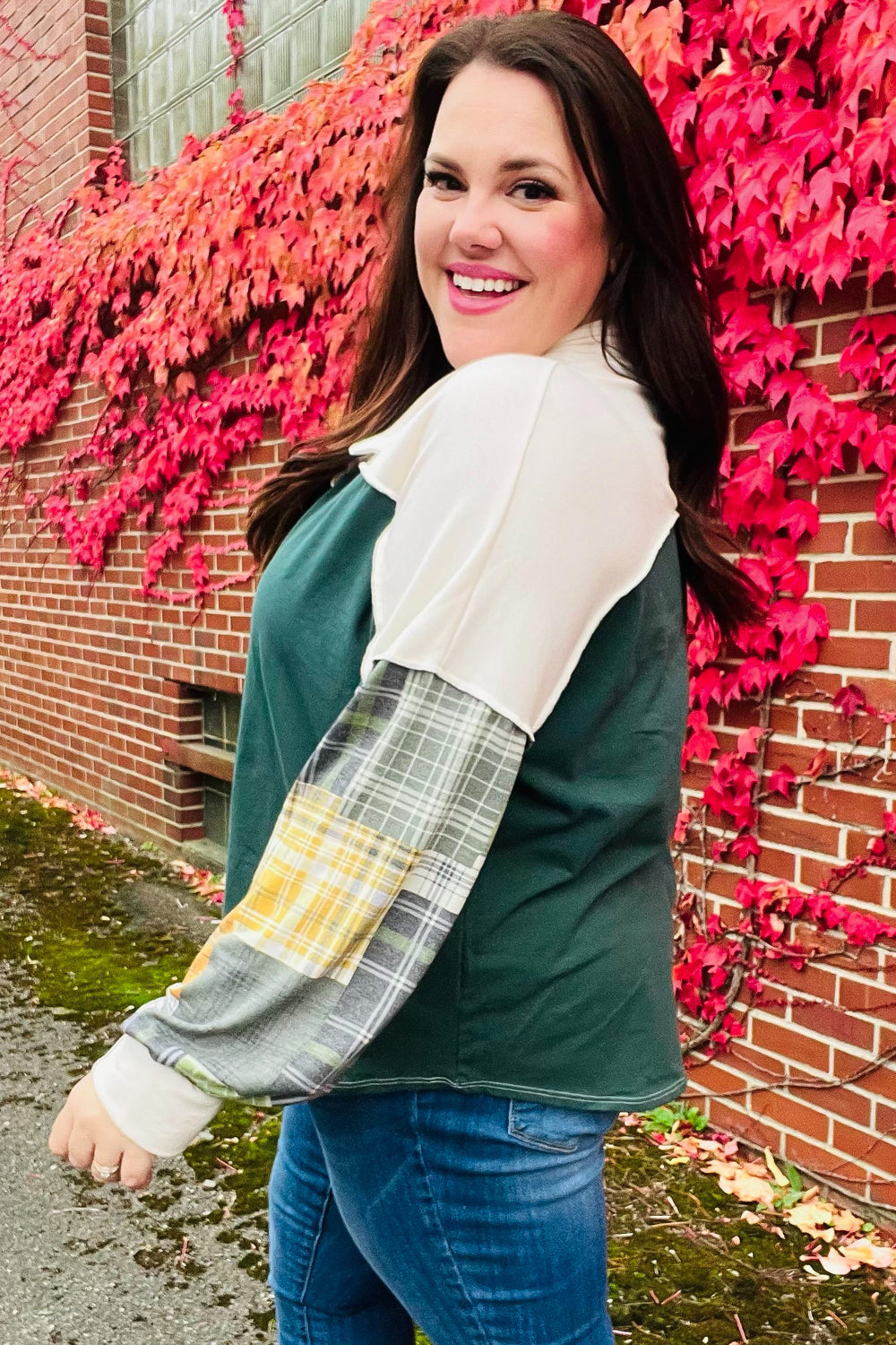 Fall For You Hunter Green Plaid Color Block Collared Terry Top