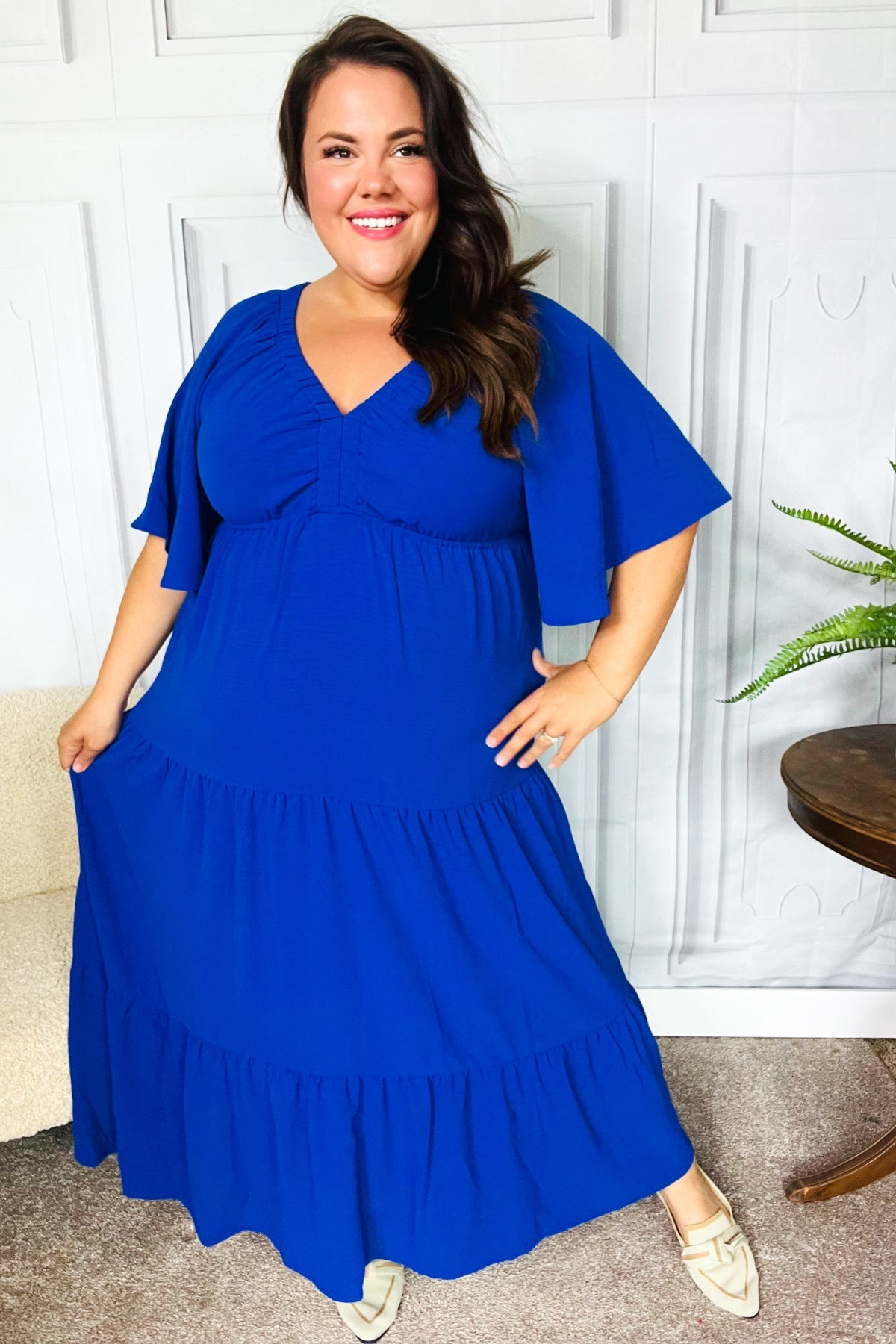 Live For Today Royal Blue Elastic V Neck Tiered Maxi Dress