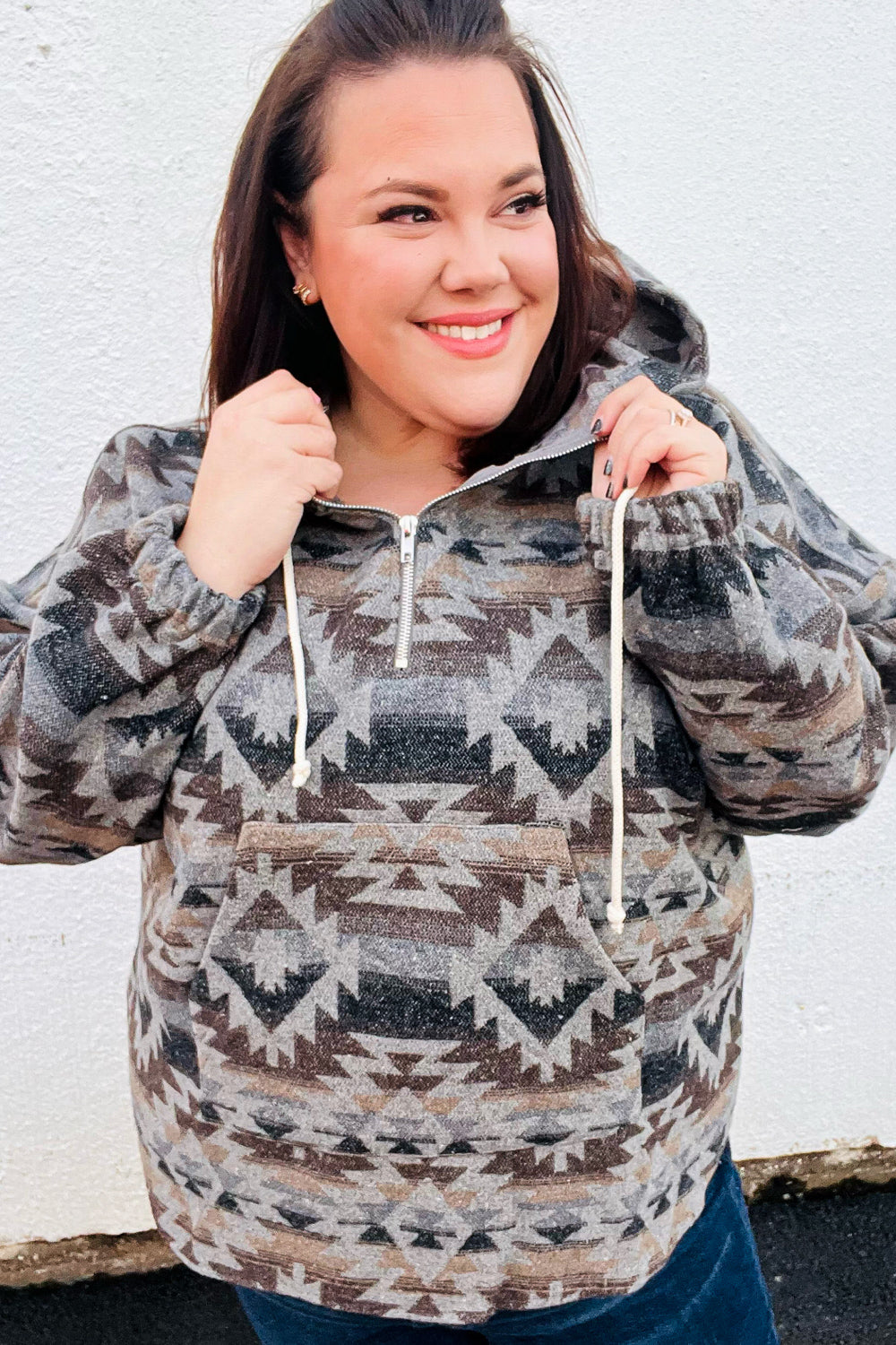 Call For You Grey Aztec Half Zip High Neck Hoodie