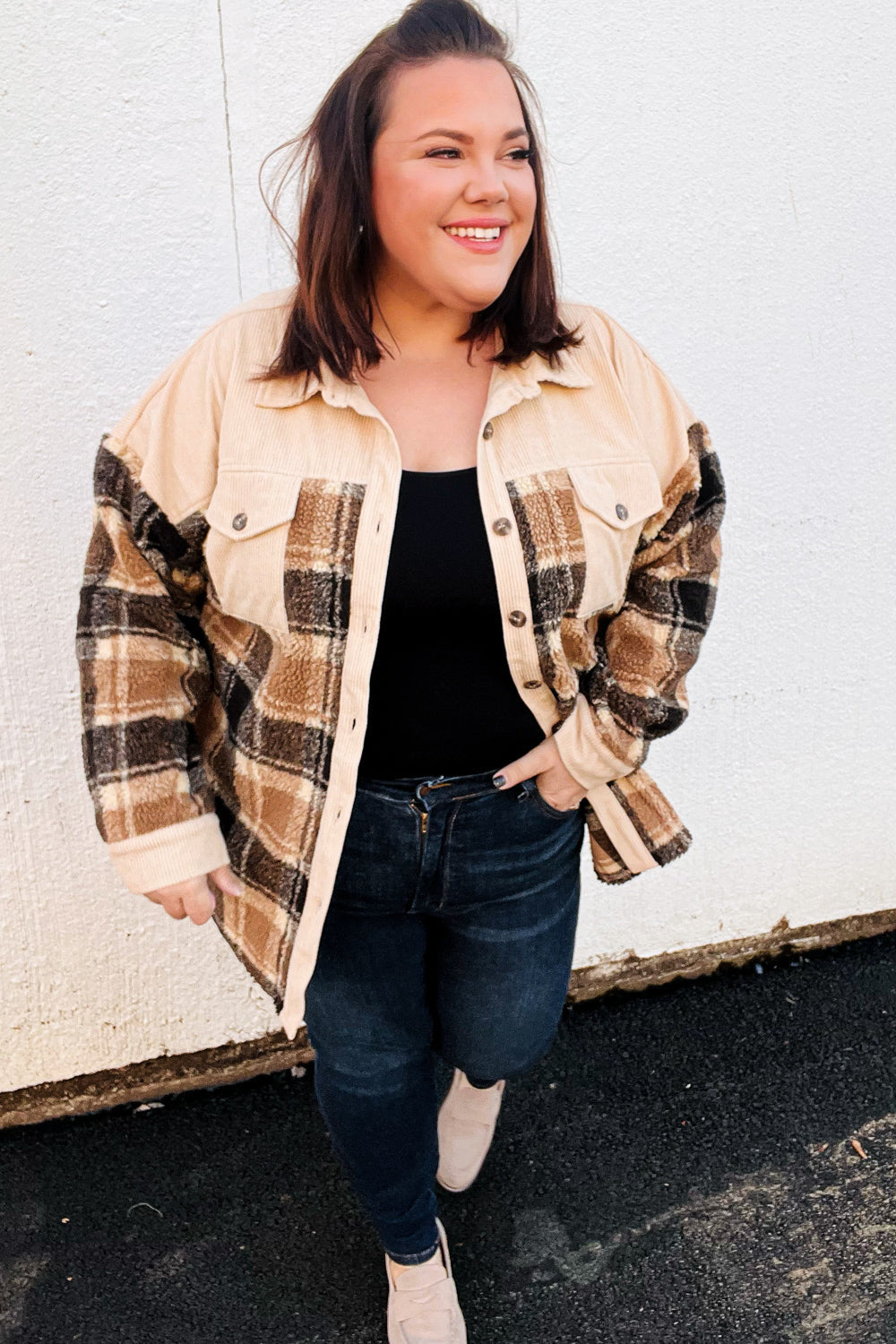 Adorable Taupe Corduroy & Plaid Sherpa Button Jacket