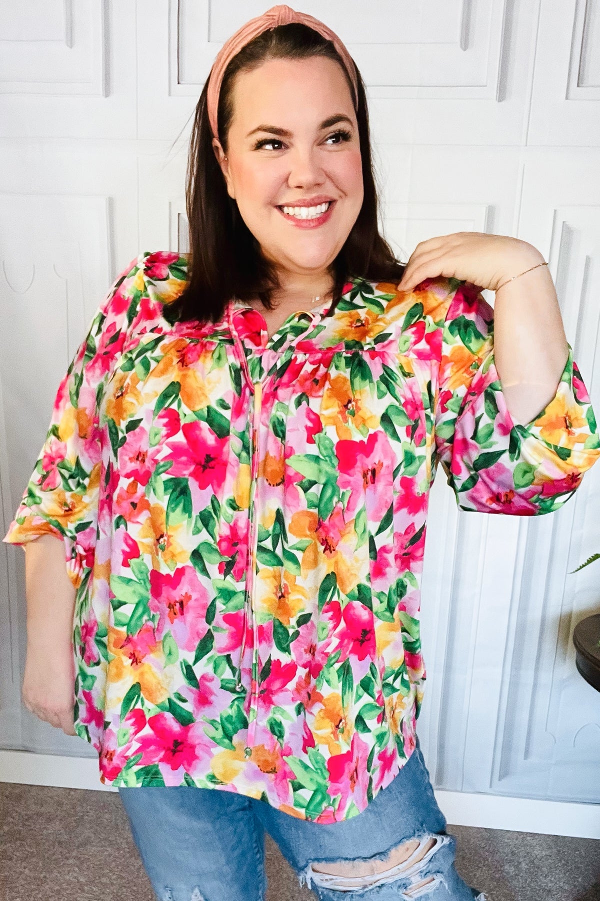 Pretty In Pink Watercolor Floral Yoke Tie Top