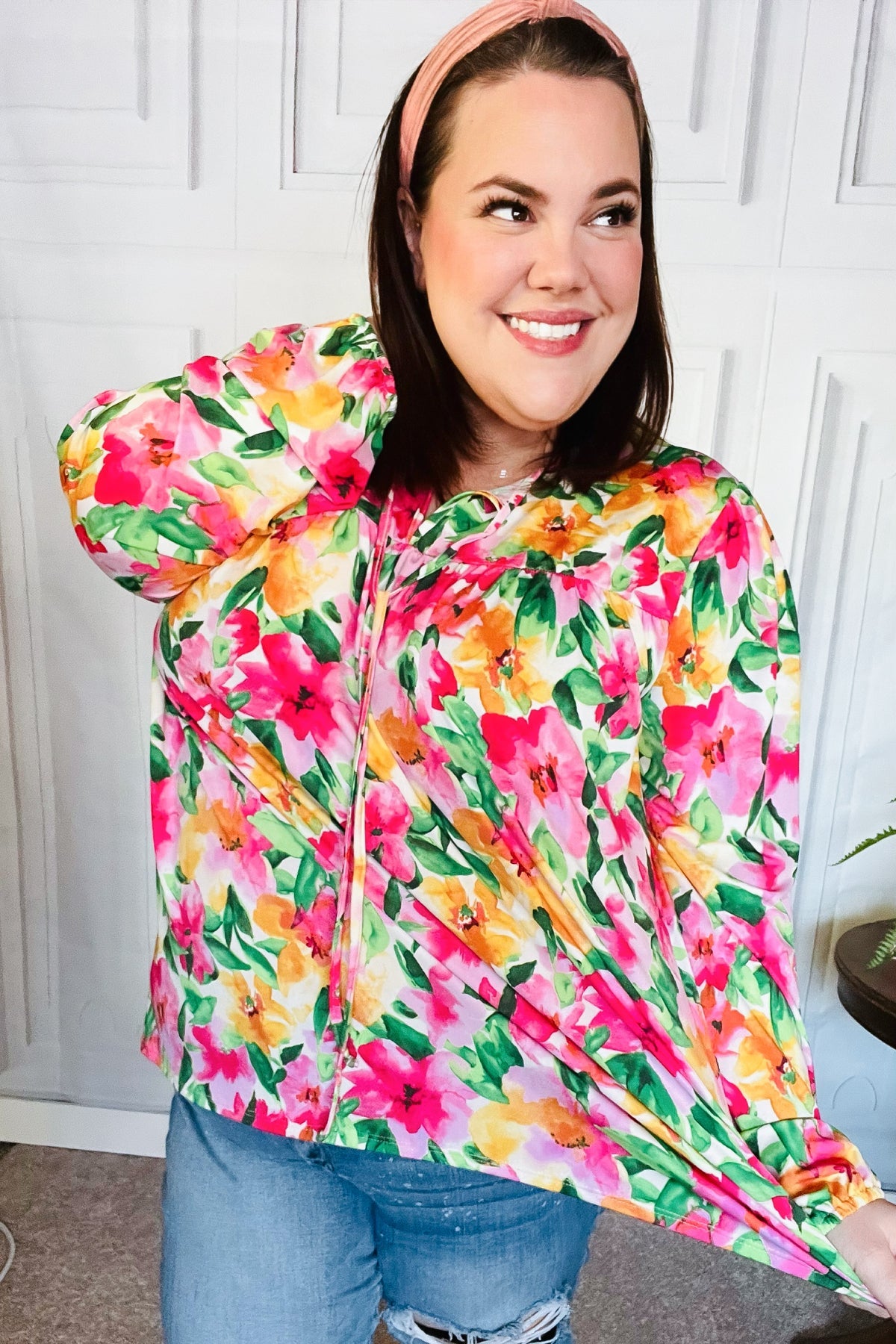 Pretty In Pink Watercolor Floral Yoke Tie Top