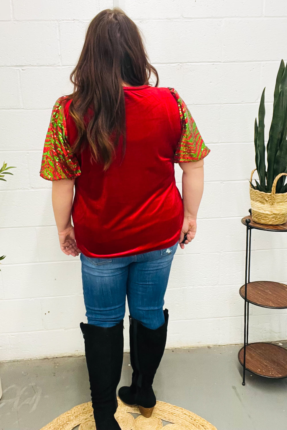 Warmest Wishes Red & Green Sequin Puff Sleeve Velvet Top