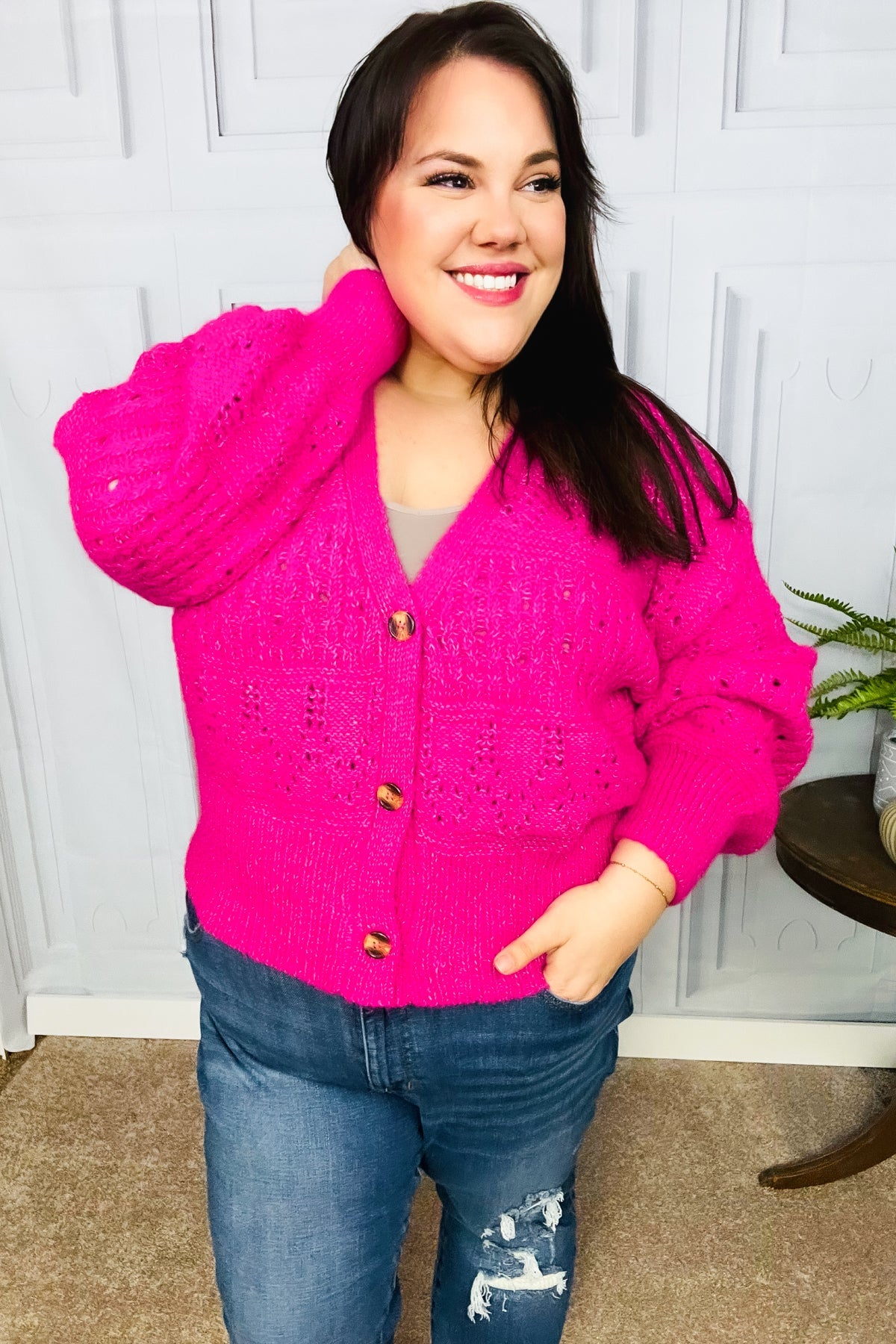 Pretty In Pink Button Down Pointelle Knit Cardigan