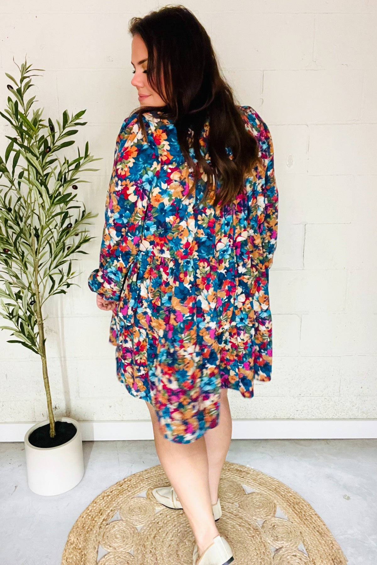 Beautiful You Teal & Berry Watercolor Floral Mock Neck Dress