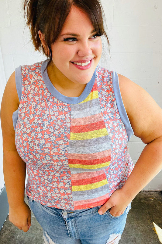 Coral & Denim Stripe Floral Print Tank Top