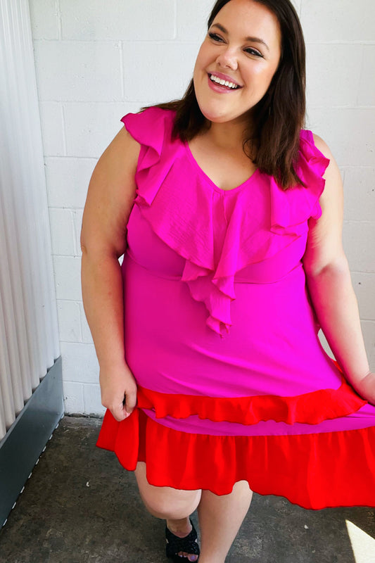 Fuchsia Ruffle V Neck Crepe Tiered Midi Dress