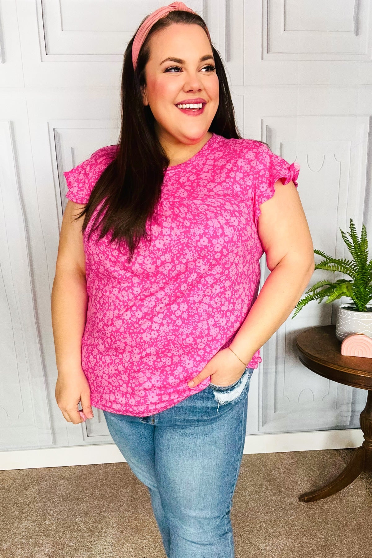 Look Of Love Fuchsia Floral Yoke Ruffle Short Sleeve Top