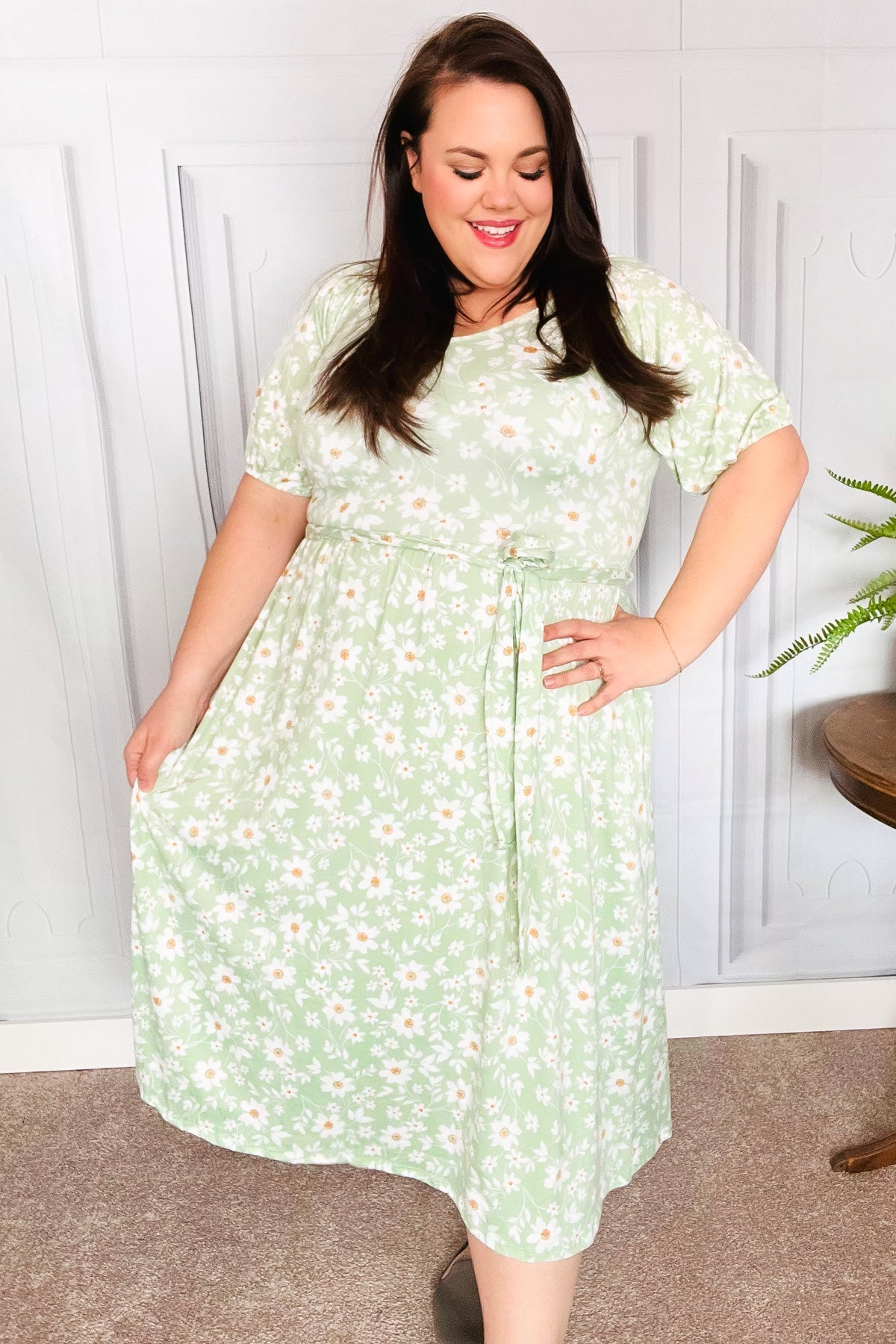 Sunny Days Sage Floral Print Fit & Flare Sash Belt V Neck Dress