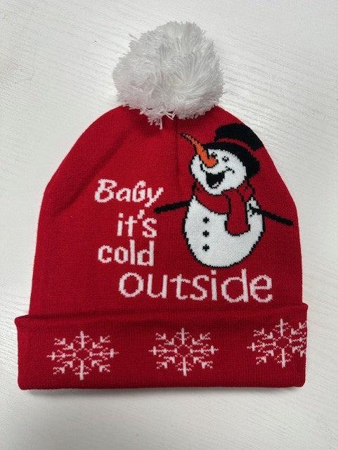 "It's Cold Outside" Snowman Pom-Pom Snowflake Beanie-Evelyns Fashion