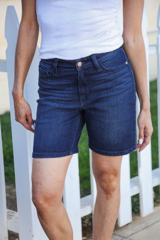 Judy Blue Dark Wash High Rise V-Front Shorts – Women's Cargo Shorts-Evelyns Fashion