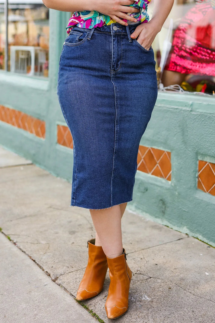 Judy Blue Easy To Love Dark Denim High Rise Back Slit Midi Length Skirt-Evelyns Fashion