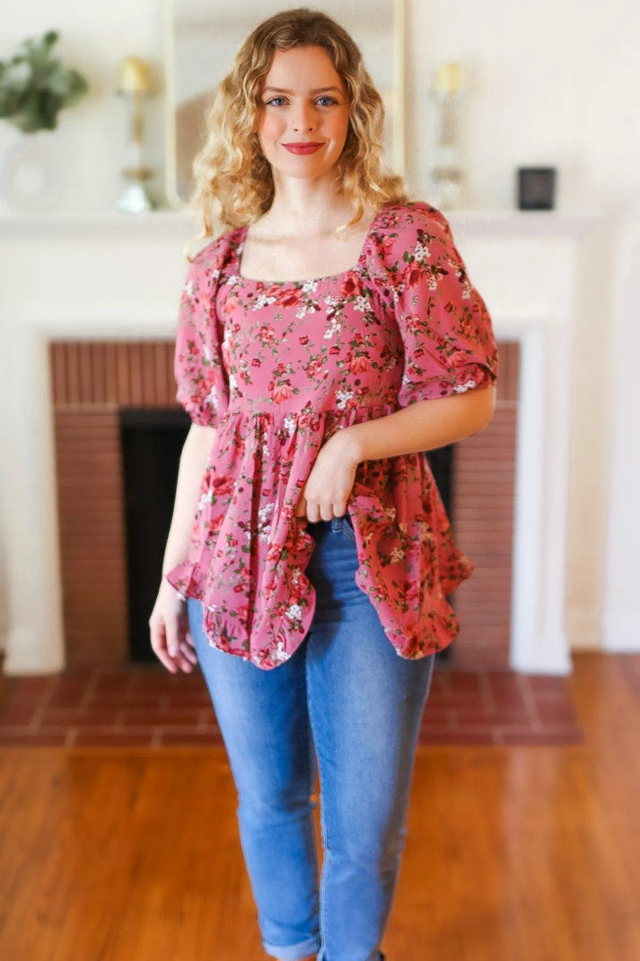 Just So Sweet Dusty Rose Floral Print Smocked Puff Sleeve Top-Evelyn's-Fashion