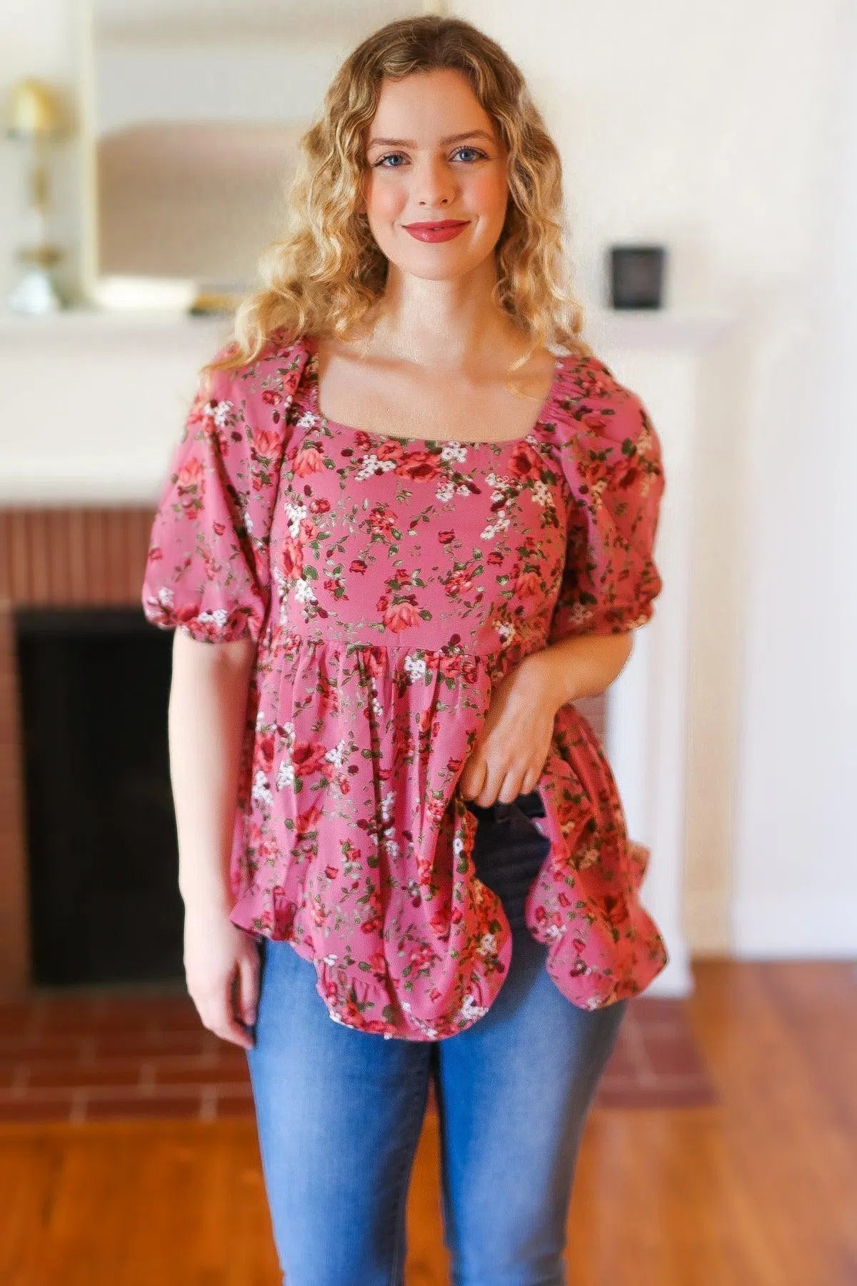 Just So Sweet Dusty Rose Floral Print Smocked Puff Sleeve Top-Evelyn's-Fashion