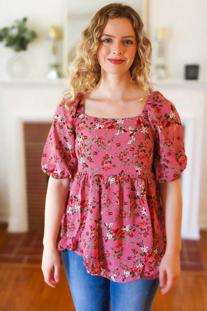 Just So Sweet Dusty Rose Floral Print Smocked Puff Sleeve Top-Evelyn's-Fashion