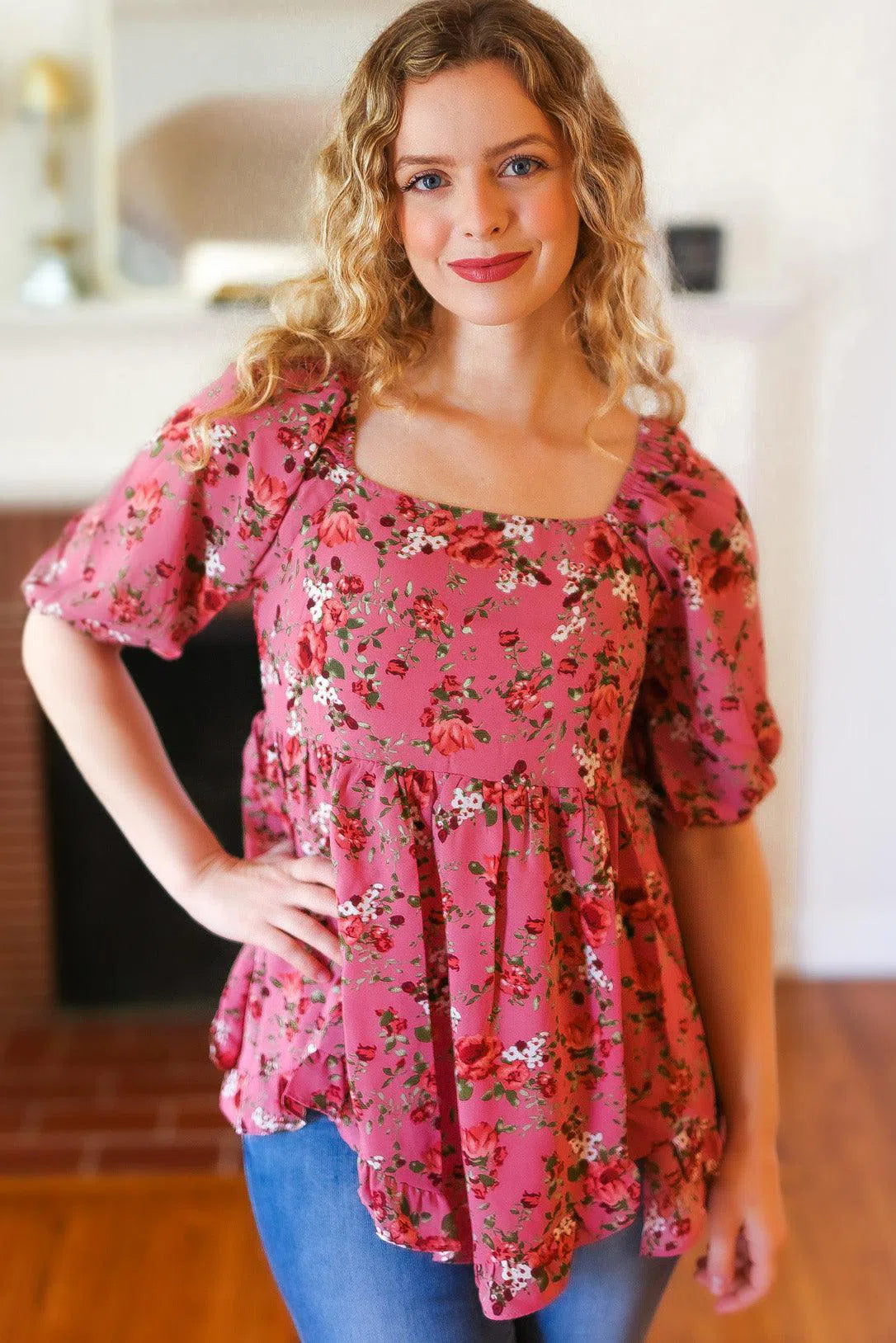 Just So Sweet Dusty Rose Floral Print Smocked Puff Sleeve Top-Evelyn's-Fashion