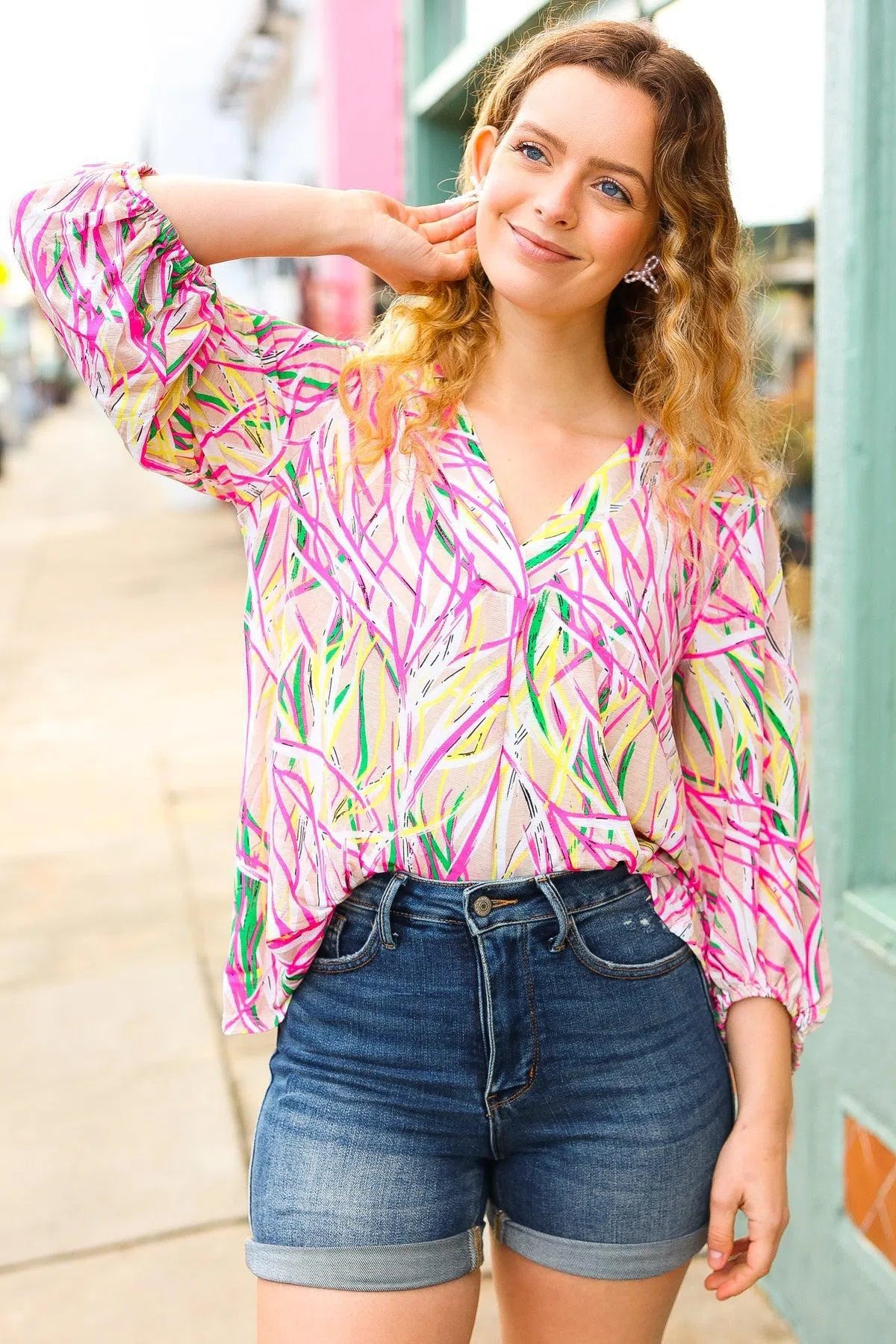 Life's A Party Fuchsia & Yellow Abstract Print V Neck Top-Evelyns Fashion