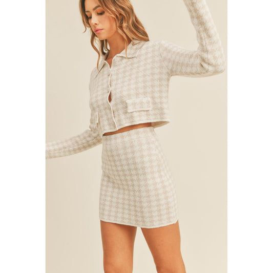 MABLE Houndstooth Cropped Knit Cardigan & Mini Skirt Set – Chic Two-Piece Outfit for Women-Evelyns Fashion