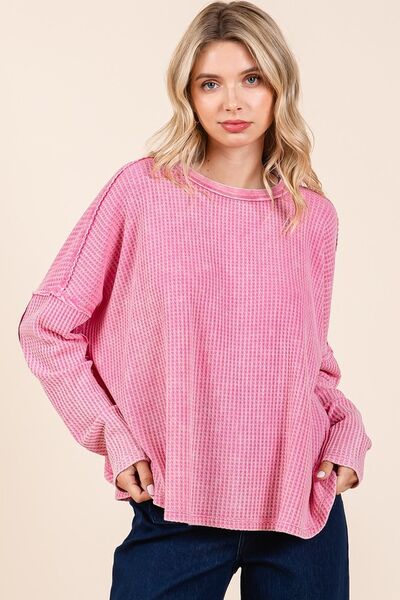 Mittoshop Waffle-Knit Exposed Seam Round Neck Top-Evelyns Fashion