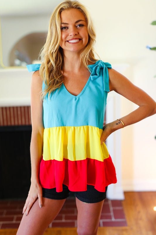 Multicolor Tiered Shoulder Tie Bow Crepe Top-Evelyn's-Fashion