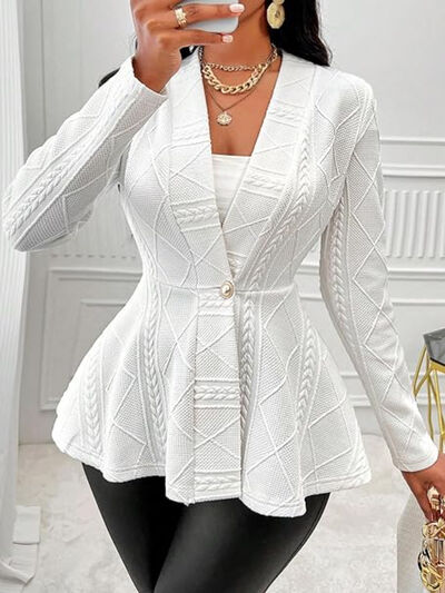 One Button Textured Peplum Cardigan-Evelyns Fashion