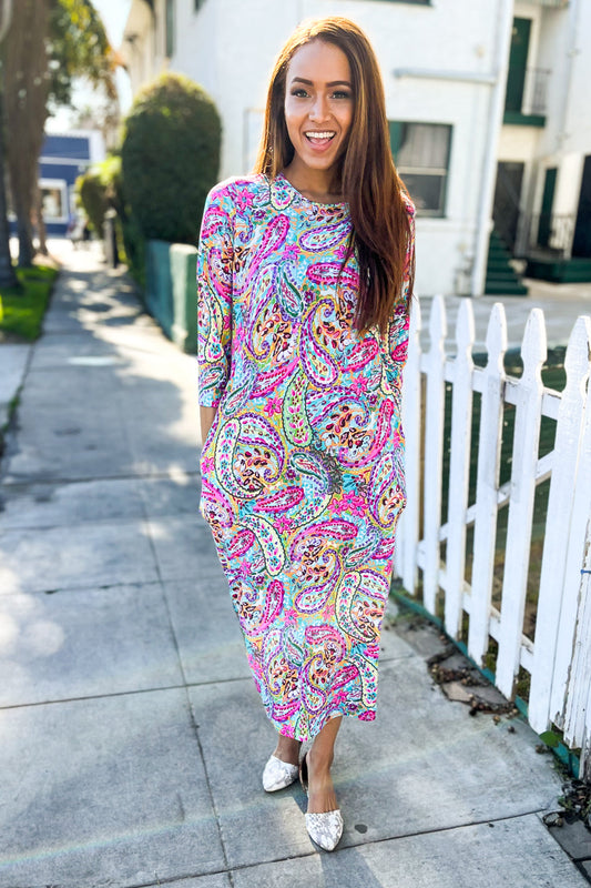 Paisley Print Midi Dress with Pockets-Evelyns Fashion