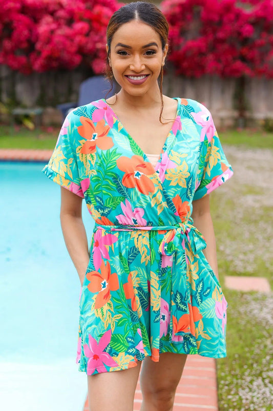 Paradise Ready: Tropical Feels Tie-Waist Romper Suit-Evelyns Fashion