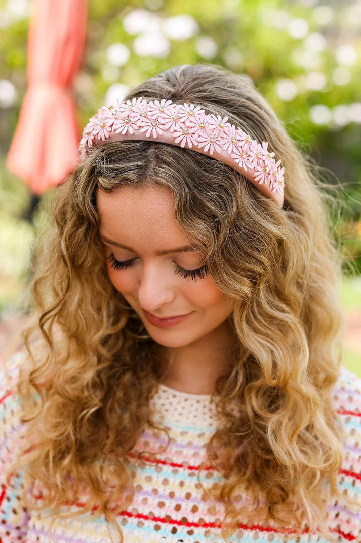 Pink Satin Daisy Rhinestone Headband-Evelyn's-Fashion