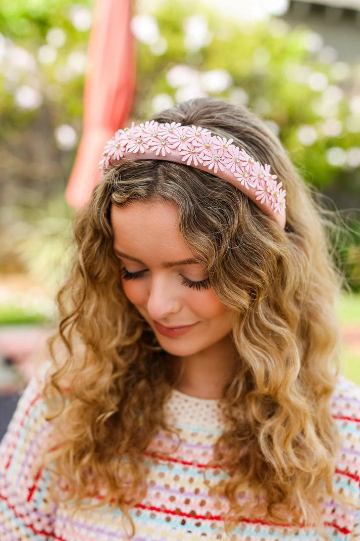 Pink Satin Daisy Rhinestone Headband-Evelyn's-Fashion