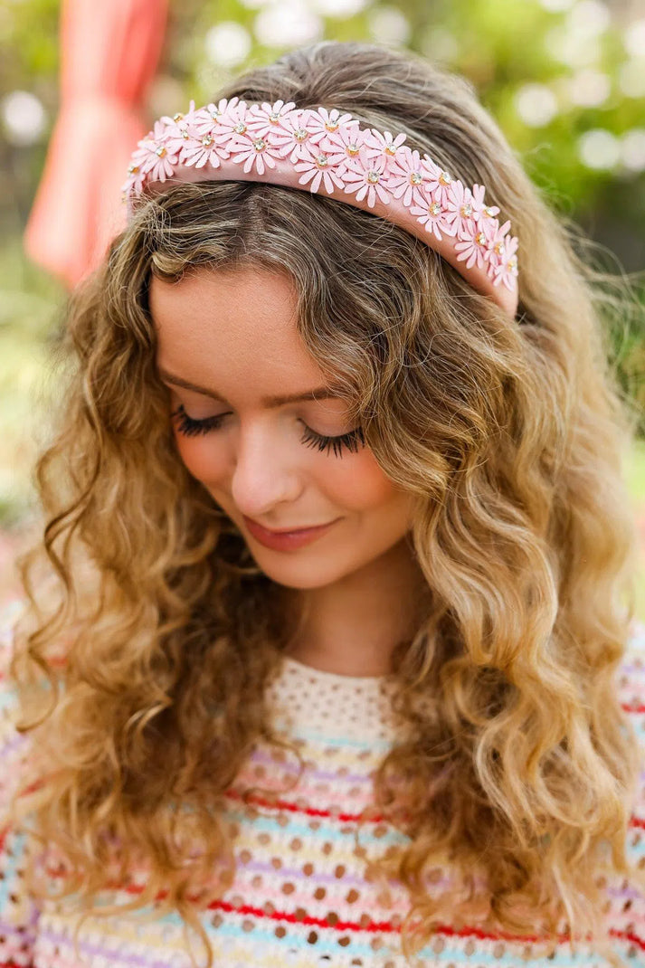 Pink Satin Daisy Rhinestone Headband-Evelyn's-Fashion