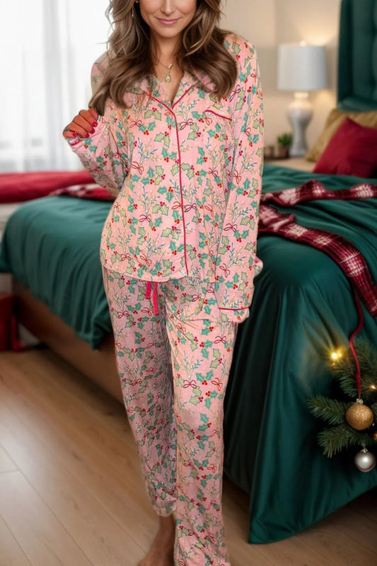 Printed Collared Neck Long Sleeve Top and Pants Lounge Set-Evelyns Fashion