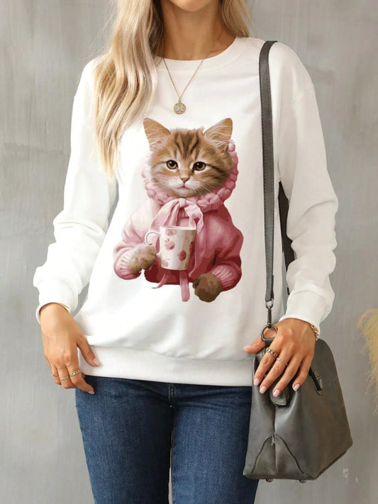 Purr-fect Comfort: Cat Lovers Round Neck Sweatshirt-Evelyns Fashion