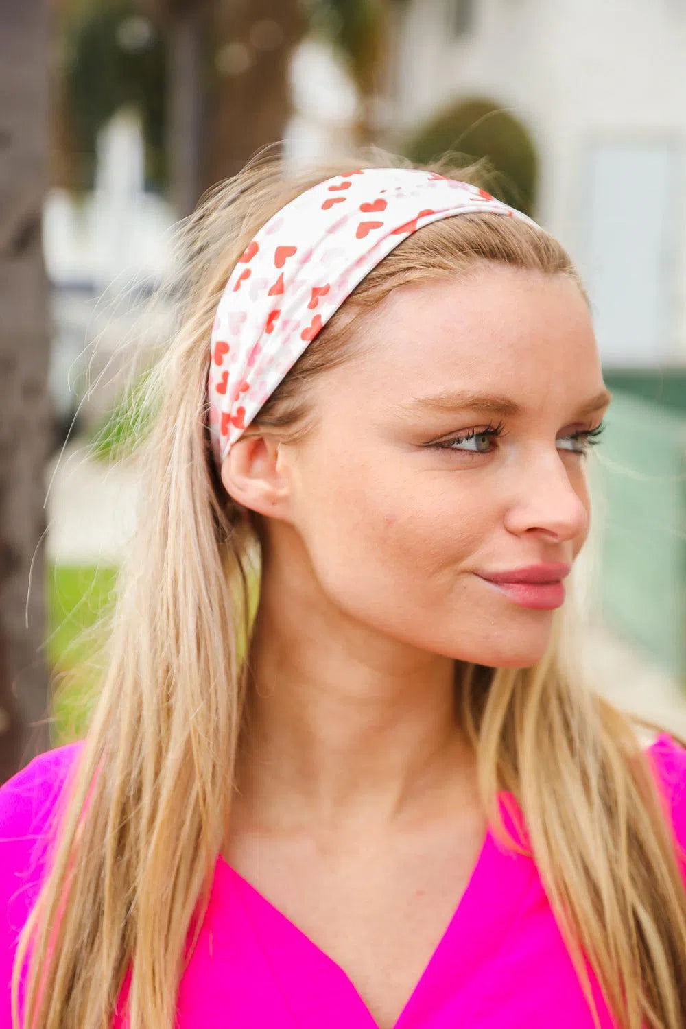 Red & Pink Heart Print Stretchy Twist Headband-Evelyn's-Fashion