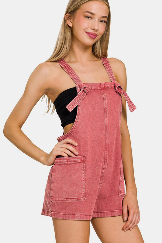 Relaxed & Trendy: Zenana Washed Knot Strap Rompers-Evelyns Fashion