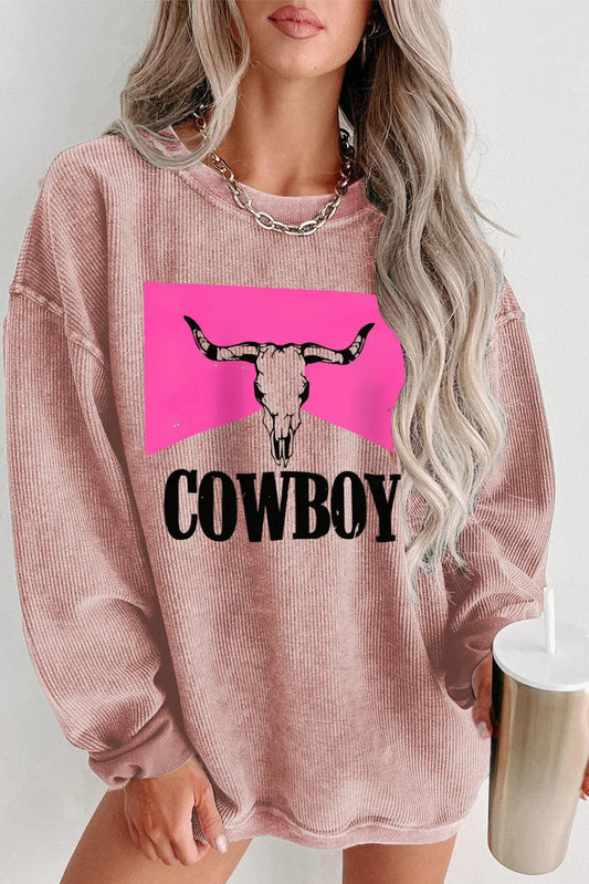 Ride in Comfort: COWBOY Graphic Round Neck Sweatshirt-Evelyn's-Fashion