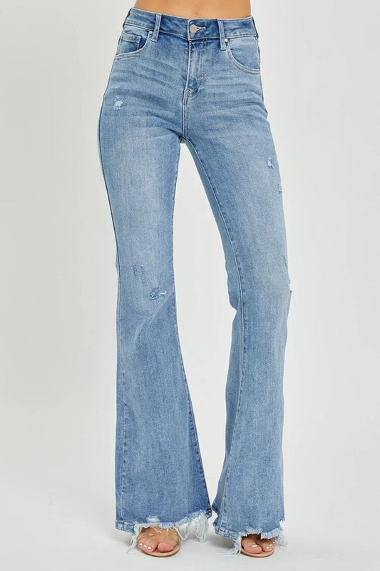 Risen Full Size High Rise Frayed Hem Flare Jeans-Evelyns Fashion