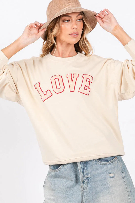 SAGE + FIG LOVE Path Applique Drop Shoulder Sweatshirt-Evelyns Fashion