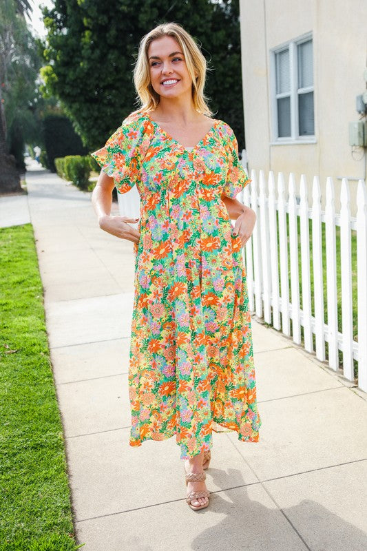 Sage V-Neck Floral Maxi Dress – Tiered Daisy Print & Elastic Waist-Evelyns Fashion