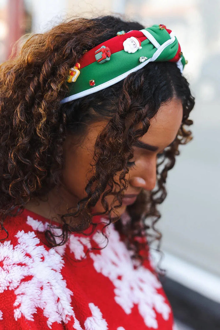 Santa Present Charms & Rhinestone Top Knot Holiday Headband-Evelyns Fashion