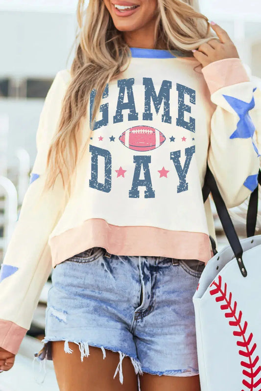 Shine on Game Day: Star Patch Round Neck Sweatshirt-Evelyn's-Fashion