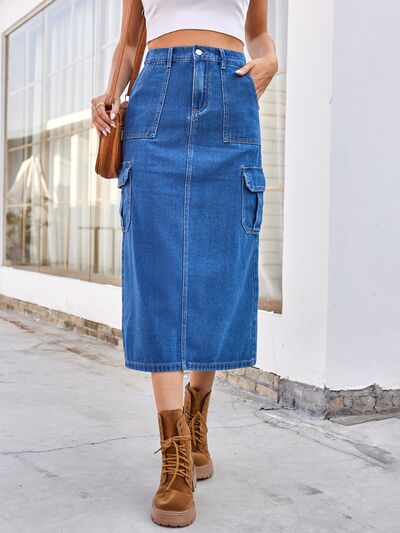 Slit Midi Denim Skirt with Pockets – High-Waisted, Classic & Chic Jean Skirt-Evelyns Fashion