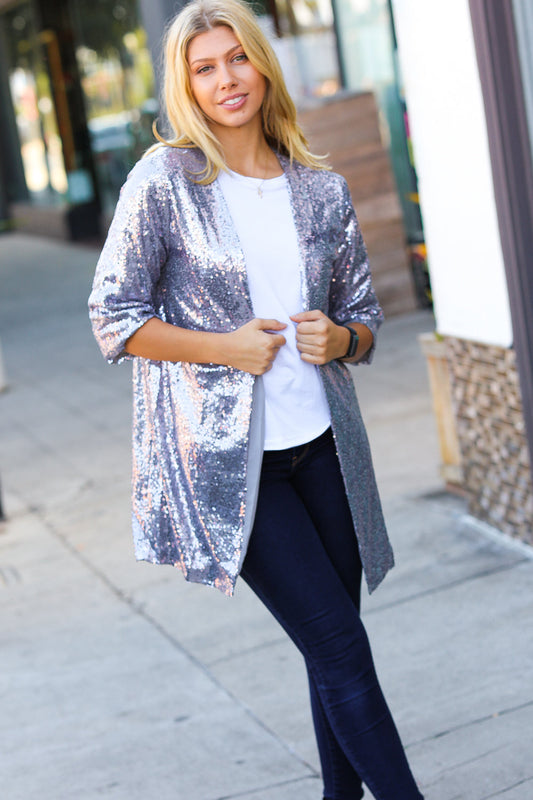 Holiday Silver Iridescent Sequin Open Lined Cardigan