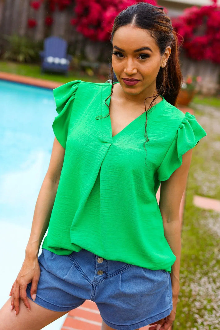 Kelly Green Sleeveless Blouse-Evelyns Fashion