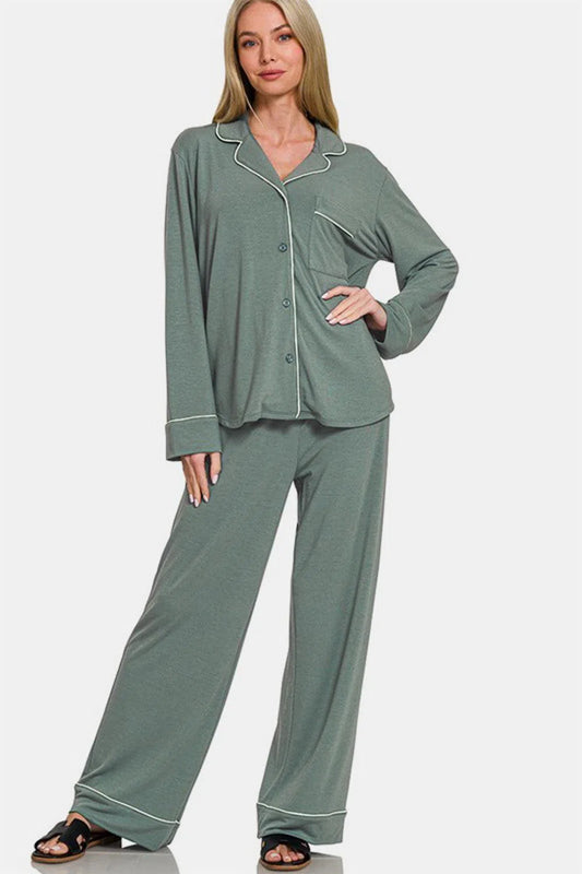 Stylish Zenana Button Down Lounge Set for Relaxation-Evelyns Fashion