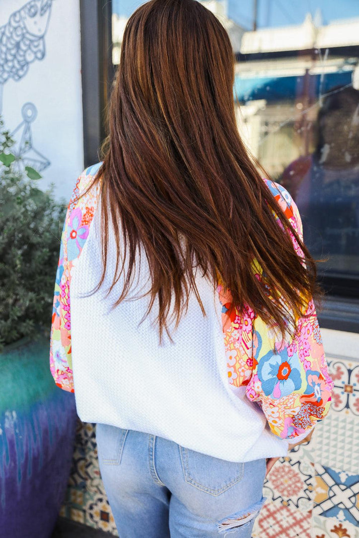 Sunny Days Ivory Textured Floral Bubble Sleeves Dolman Top-Evelyn's-Fashion