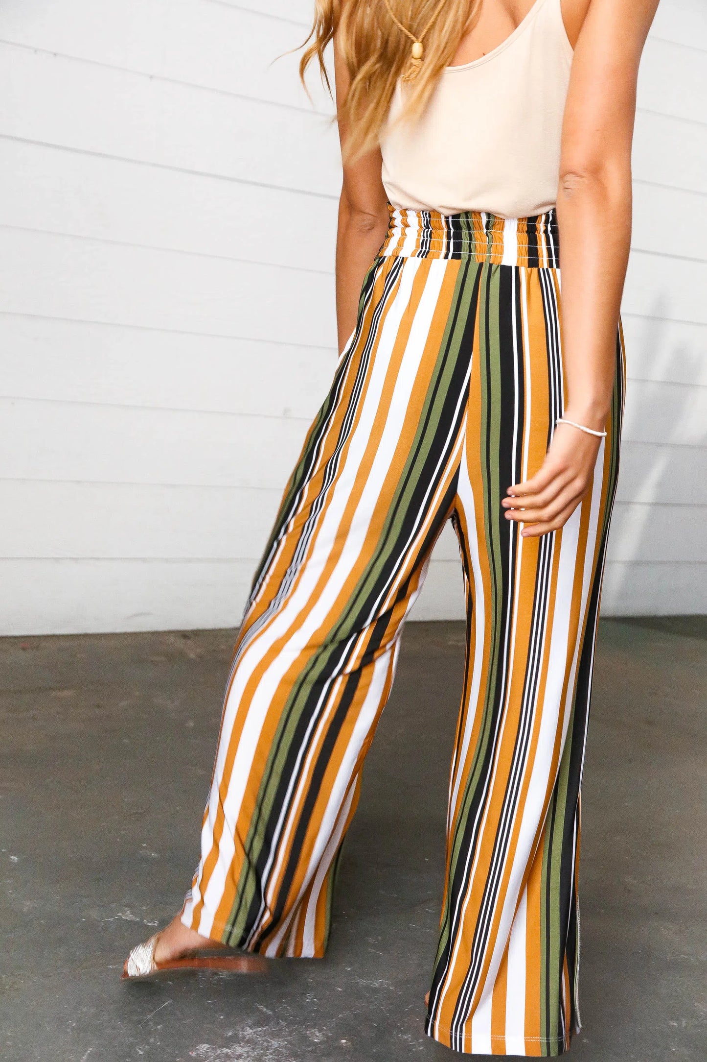 Tan & Green Vertical Stripe Smock Waist Side Slit Palazzo Pants-Evelyns Fashion