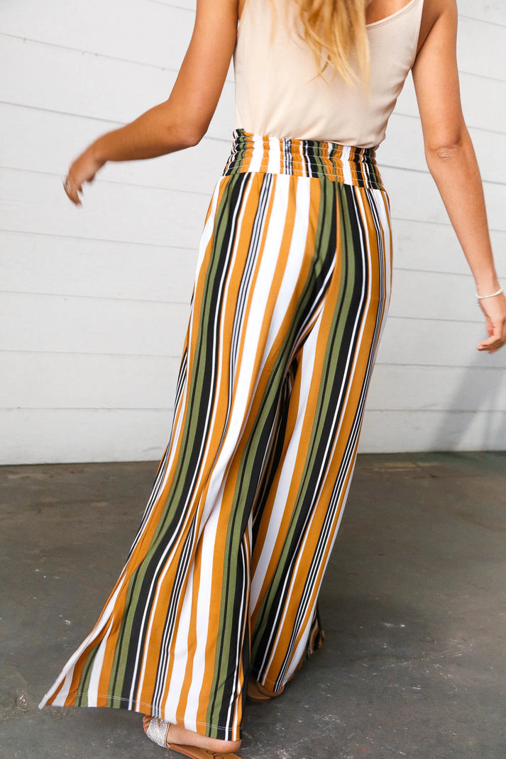 Tan & Green Vertical Stripe Smock Waist Side Slit Palazzo Pants-Evelyns Fashion